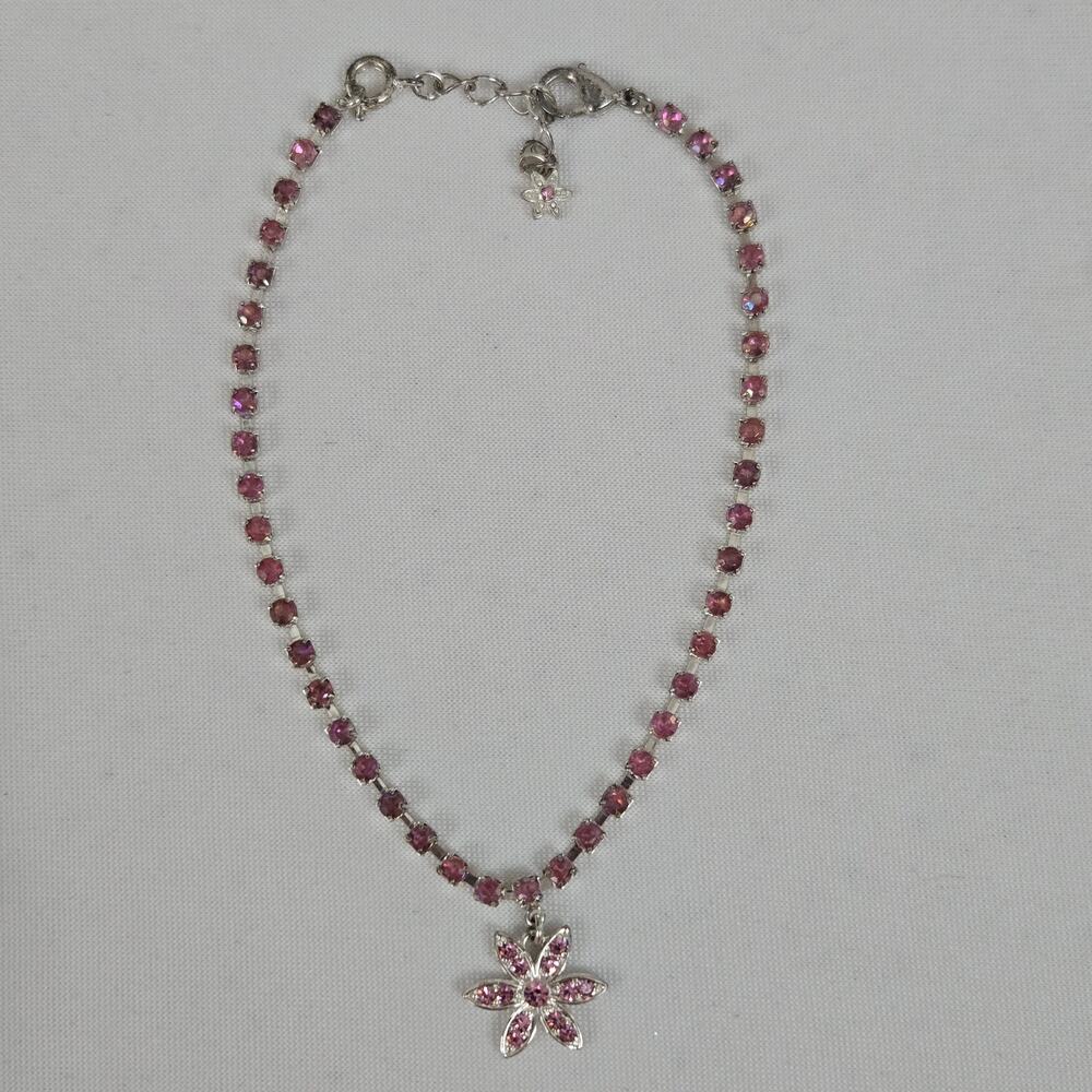 Vintage Avon Silver Tone Pink Rhinestone Flower Charm Ankle Bracelet Adjustable
